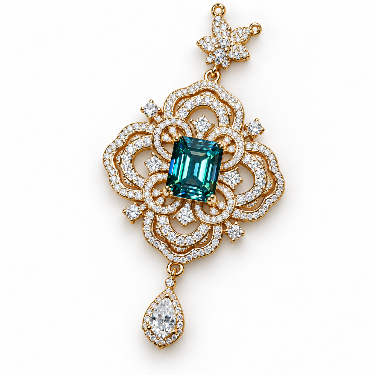 Edited style reference of an ornate pendant with a blue-green center